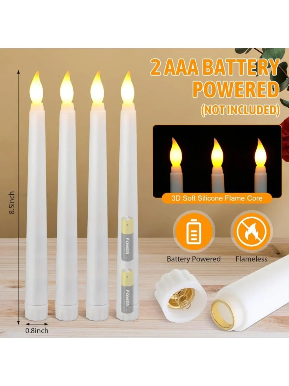 100 Pcs LED Flameless Taper Candles - 8.5 Inch White Bulk Set for Home Decor